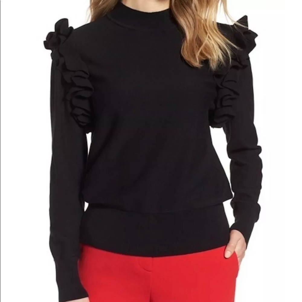 Halogen Ruffle Shoulders Removable Zip Sleeve Mock Sweater​​​​​​​​